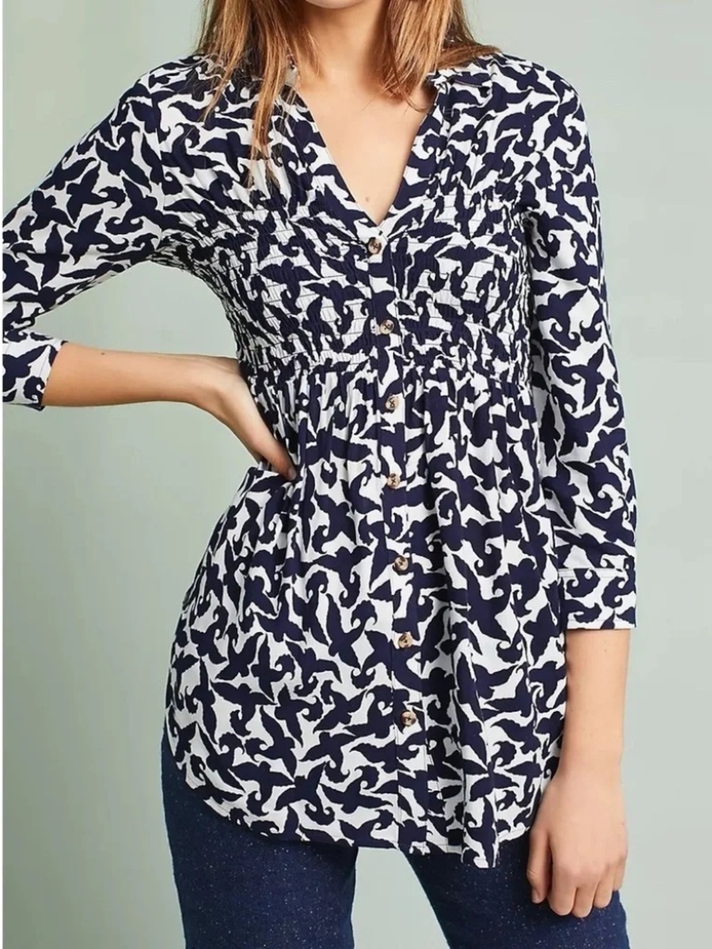 Anthropologie Maeve Alexa Smocked Buttondown Bird Print Tunic Top Size Small
